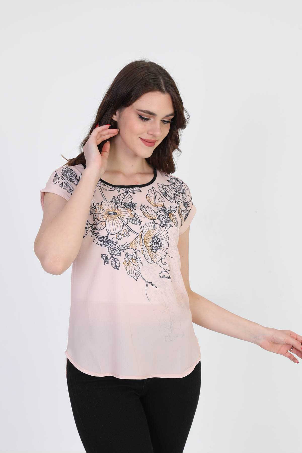 Ella Camelia Kadın Çiçek Desenli Bluz 5010065 Pudra - 4