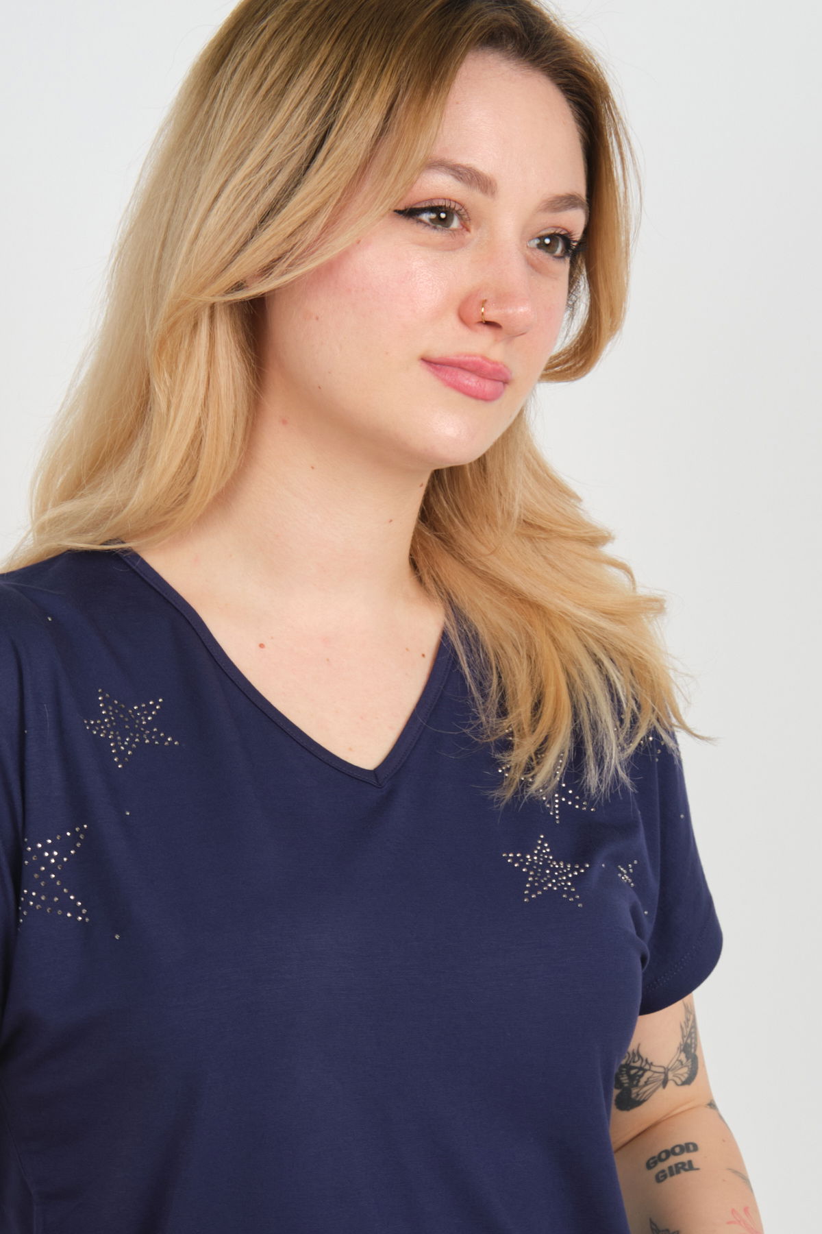 Ella Camelia Kadın Düşük Kol Taş Süslemeli V Yaka Bluz 24E105 Lacivert - 3