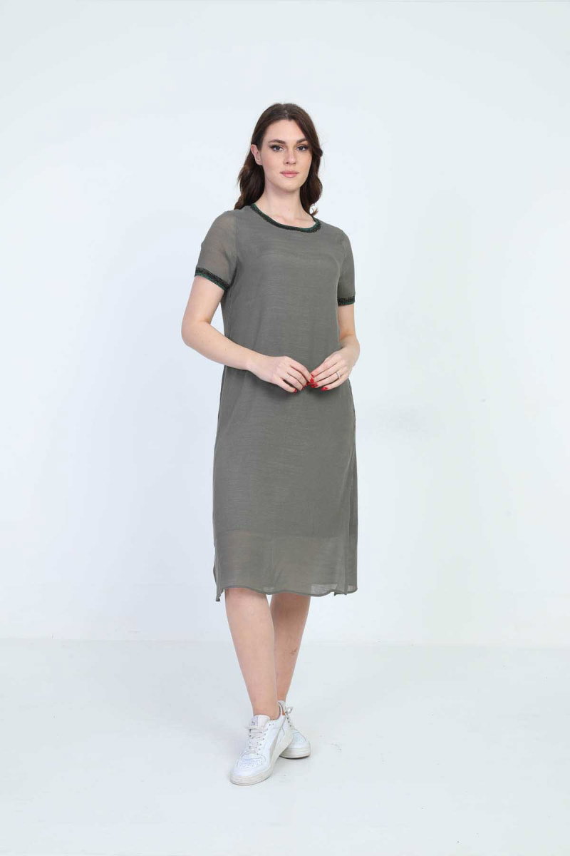 Ella Camelia Kadın Kol ve Omuz Detaylı Elbise 5012101 Haki - Ella Camelia