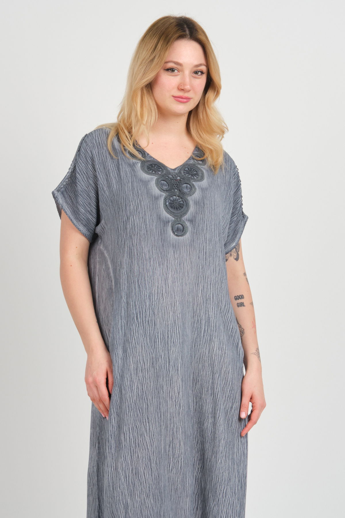 Ella Camelia Kadın Omuz Detaylı Çift Cepli Kendinden Desenli Elbise 19E074 Indigo - 2