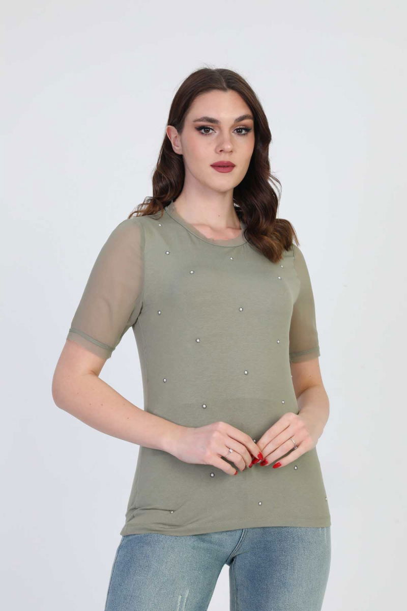 Ella Camelia Kadın Taş Detaylı Bluz 19E056 Haki - 1