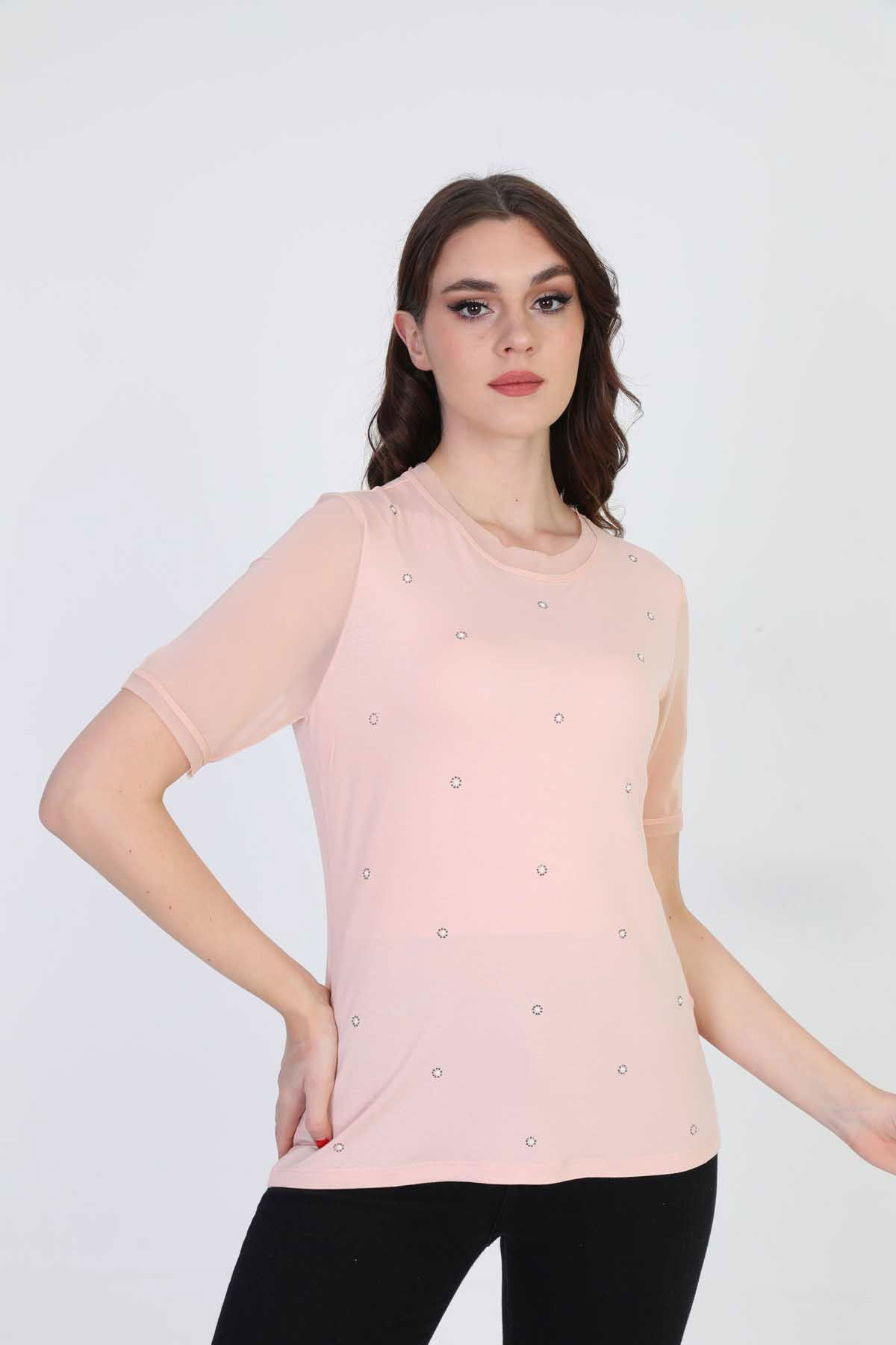 Ella Camelia Kadın Taş Detaylı Bluz 19E056 Pudra - 3