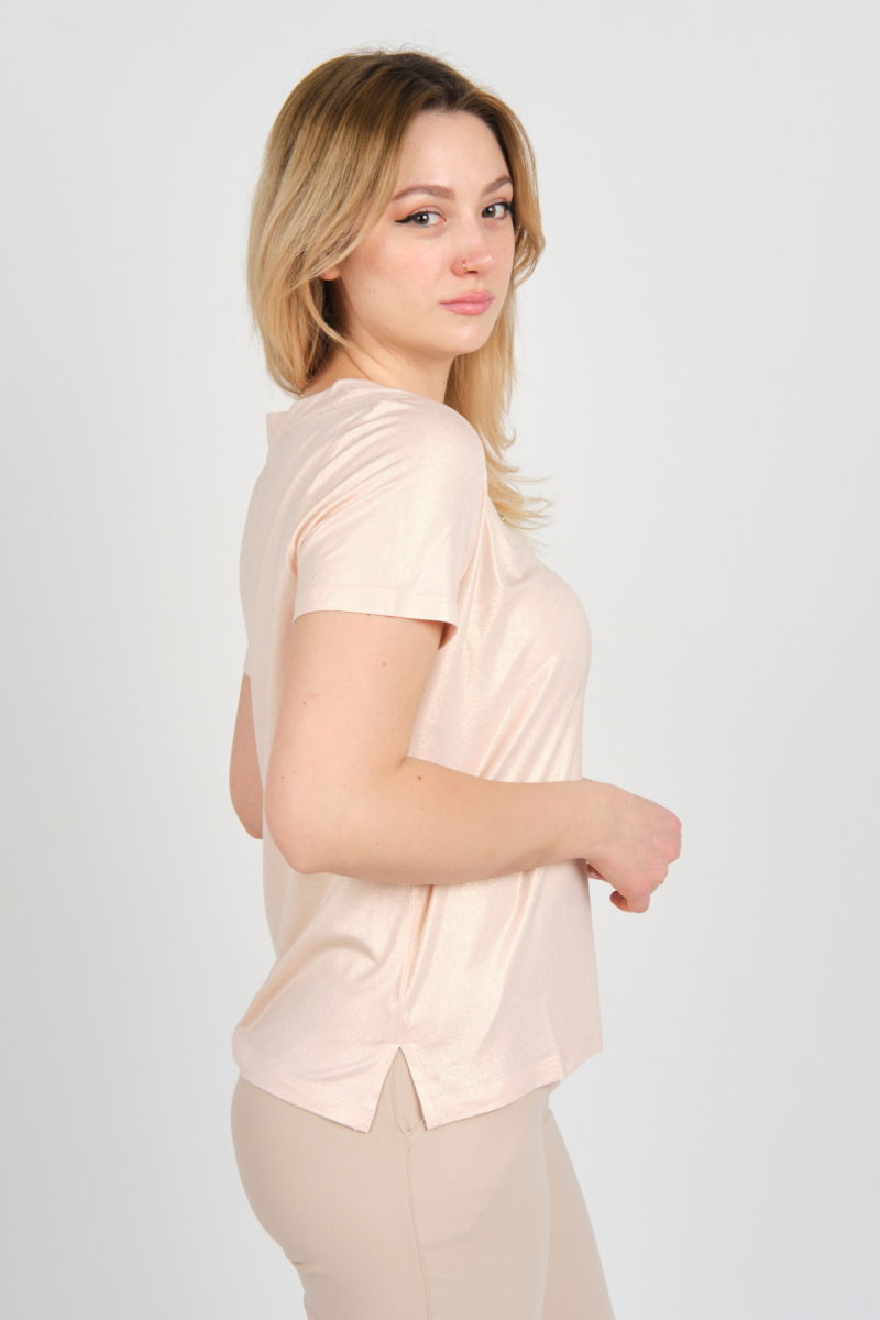 Ella Camelia Kadın Yaka Detaylı Parlak Kumaş Yandan Yırtmaçlı Bluz 4E29 Pudra - 3