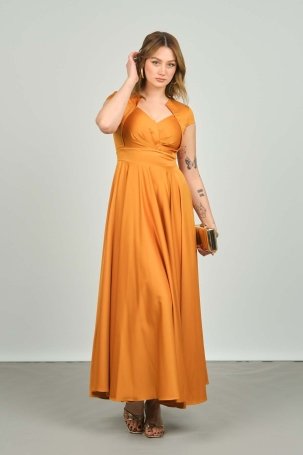 Escoll Kadın Kısa Kollu Önü Pileli Saten Midiboy Cepken Abiye Elbise 1955 Oranj - 4