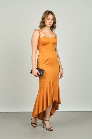 Escoll Kadın Önü Balenli Saten Abiye Elbise 2046 Oranj - 1