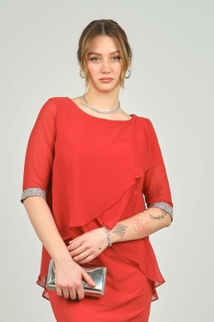 Escoll Kadın Sıfır Yaka Üstü Şifon Kol Manşetli Taşlı Abiye Elbise 1987 Kırmızı - 2