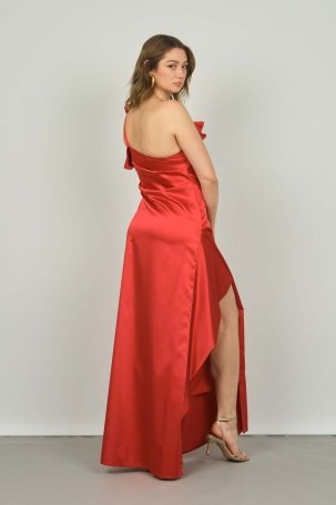 Escoll Kadın Tek Omzu ve Kolu Volanlı Saten Abiye Elbise 1833 Kırmızı - 5