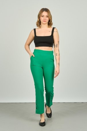 FA Pantolon Kadın Paçaları Düğmeli Dar Kalıp Pantolon 6001 Yeşil 
