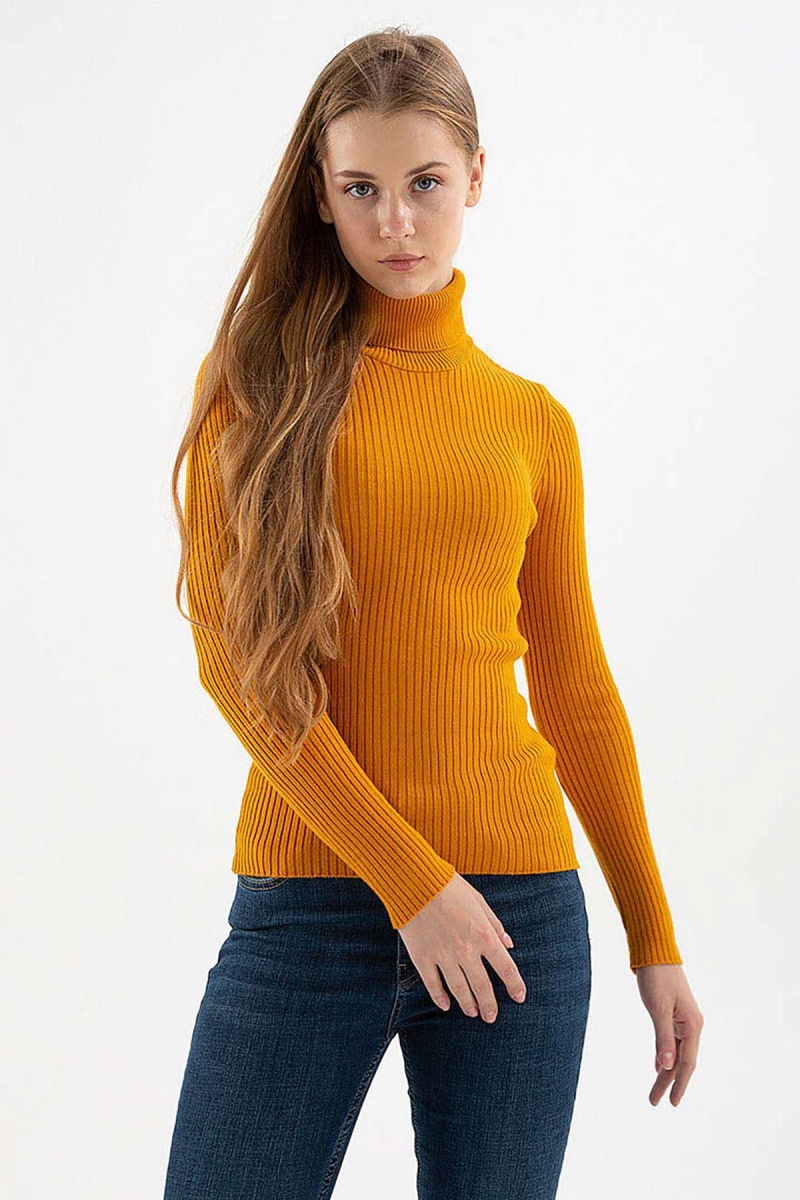 Fashion Friends Kadın Fitilli Balıkçı Yaka Kazak 23K0288K1 Hardal - Fashion Friends