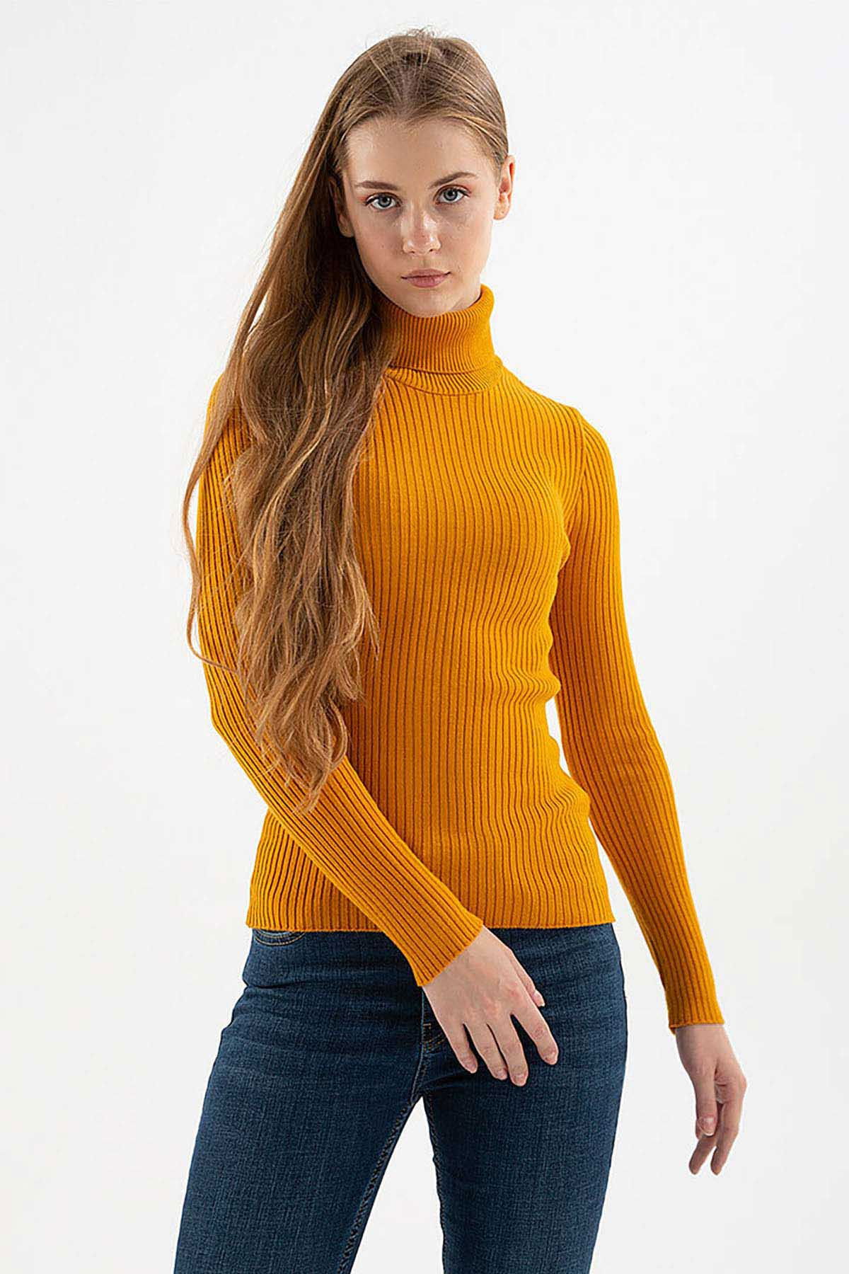 Fashion Friends Kadın Fitilli Balıkçı Yaka Kazak 23K0288K1 Hardal - 1