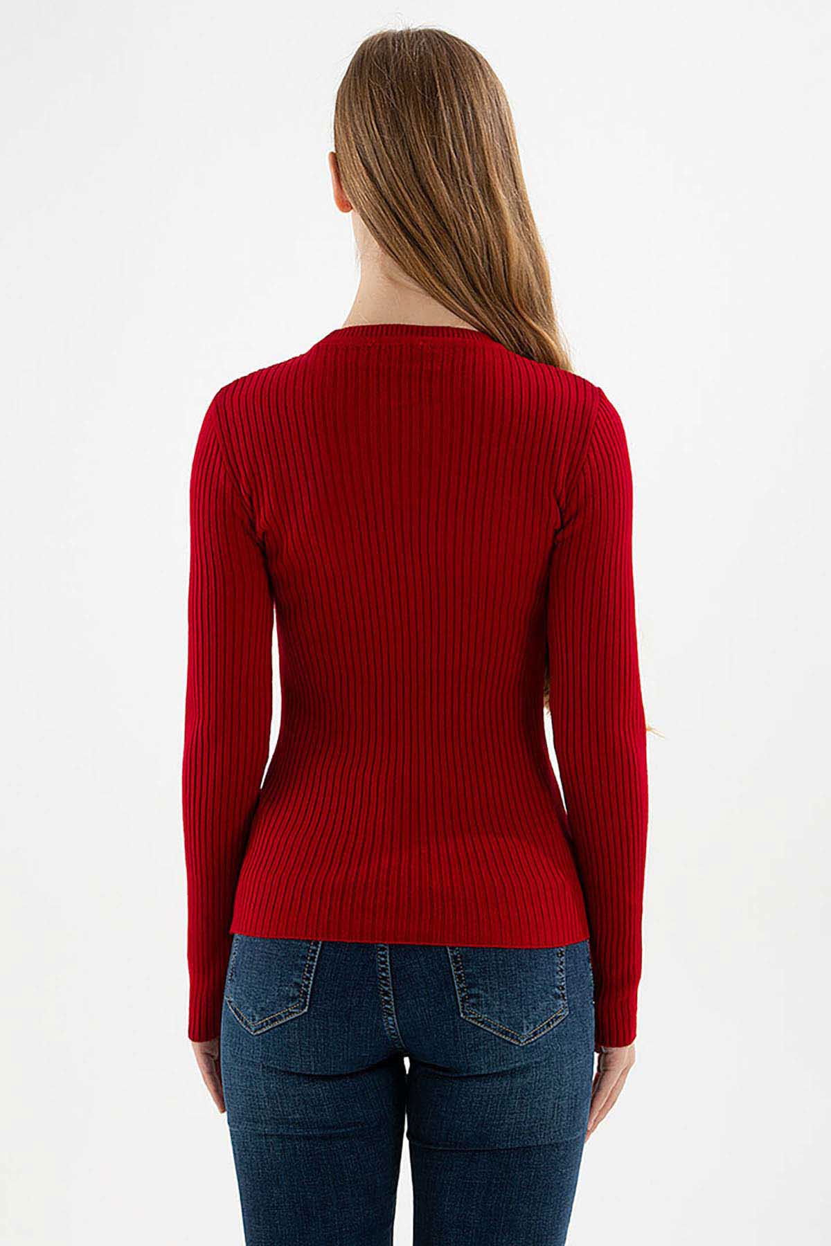 Fashion Friends Kadın Fitilli Bisiklet Yaka Kazak 23K0290K1 Bordo - 5