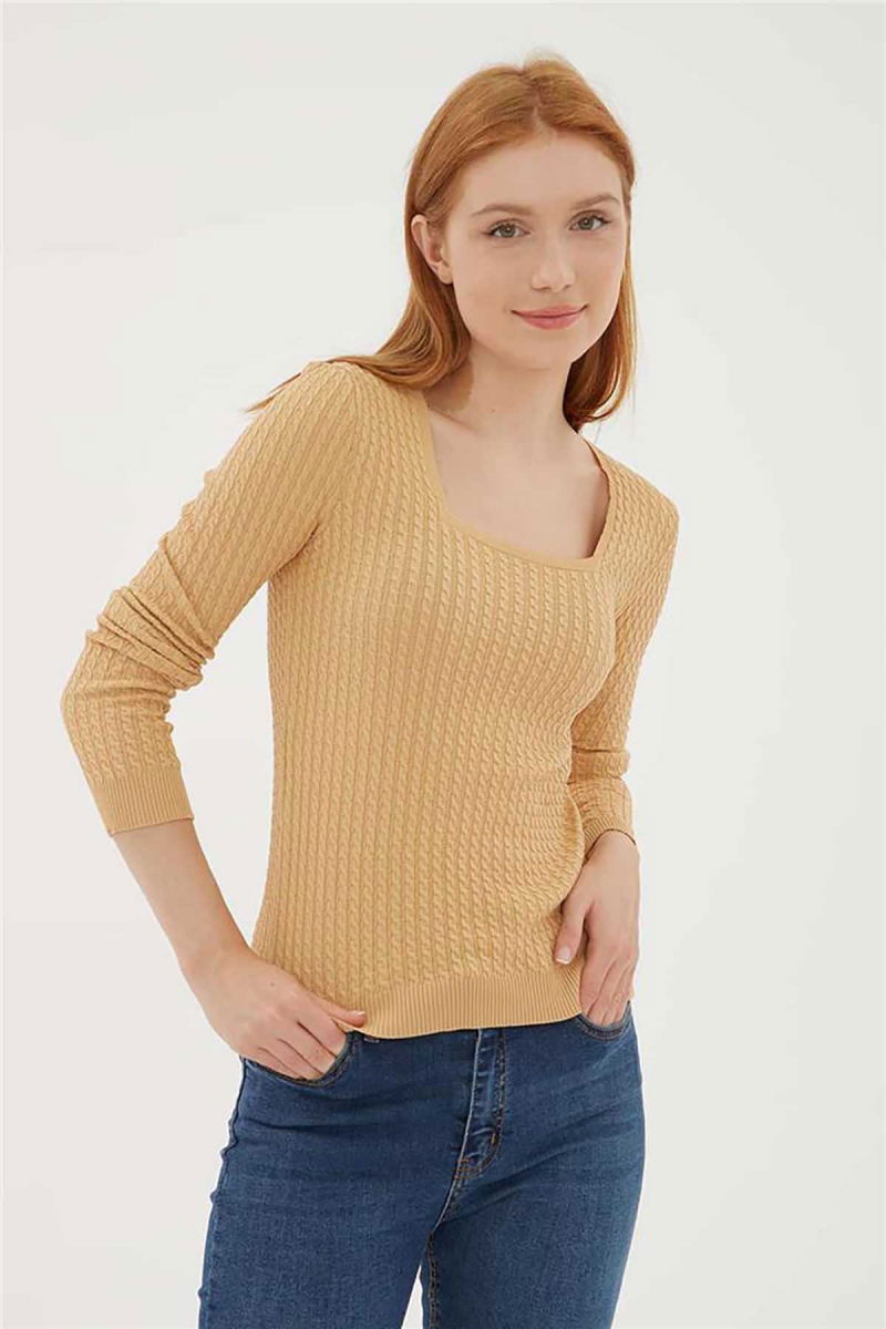 Fashion Friends Kadın Kare Yaka Saç Örgülü Kazak 23K0405K1 Camel - Fashion Friends