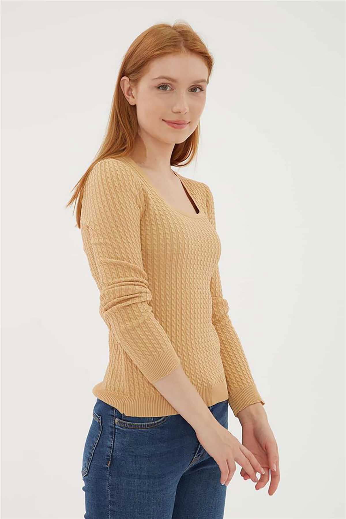 Fashion Friends Kadın Kare Yaka Saç Örgülü Kazak 23K0405K1 Camel - 2