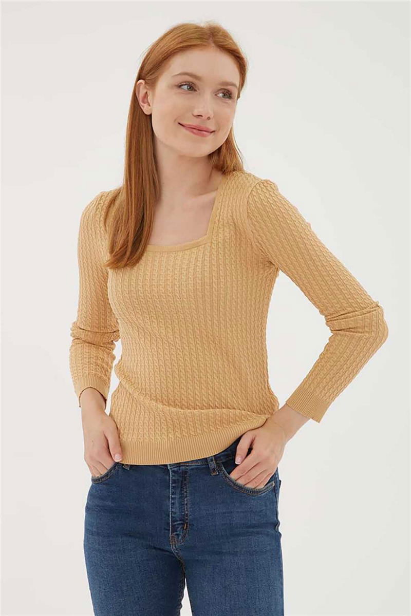 Fashion Friends Kadın Kare Yaka Saç Örgülü Kazak 23K0405K1 Camel - 3