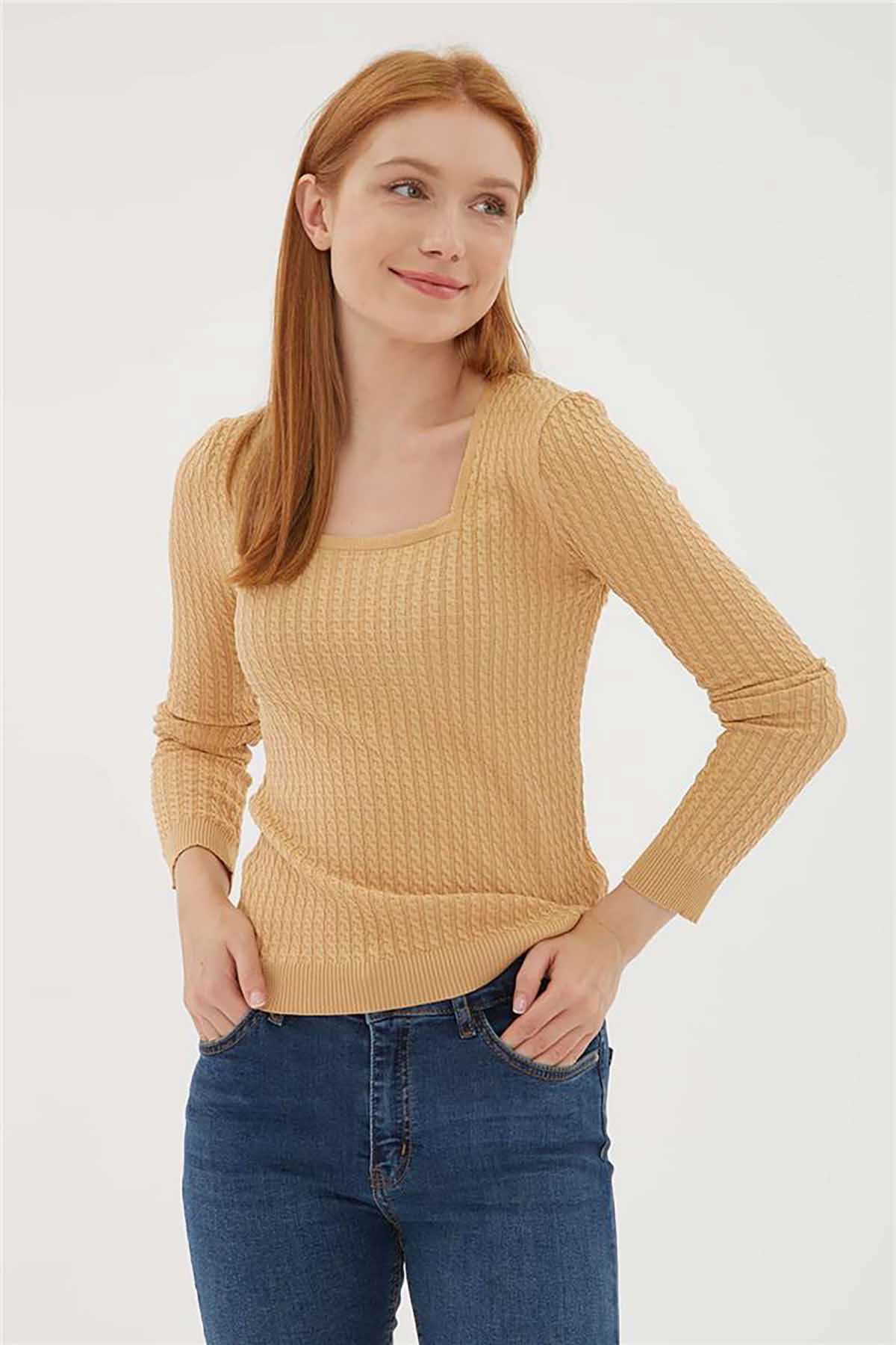 Fashion Friends Kadın Kare Yaka Saç Örgülü Kazak 23K0405K1 Camel - 3