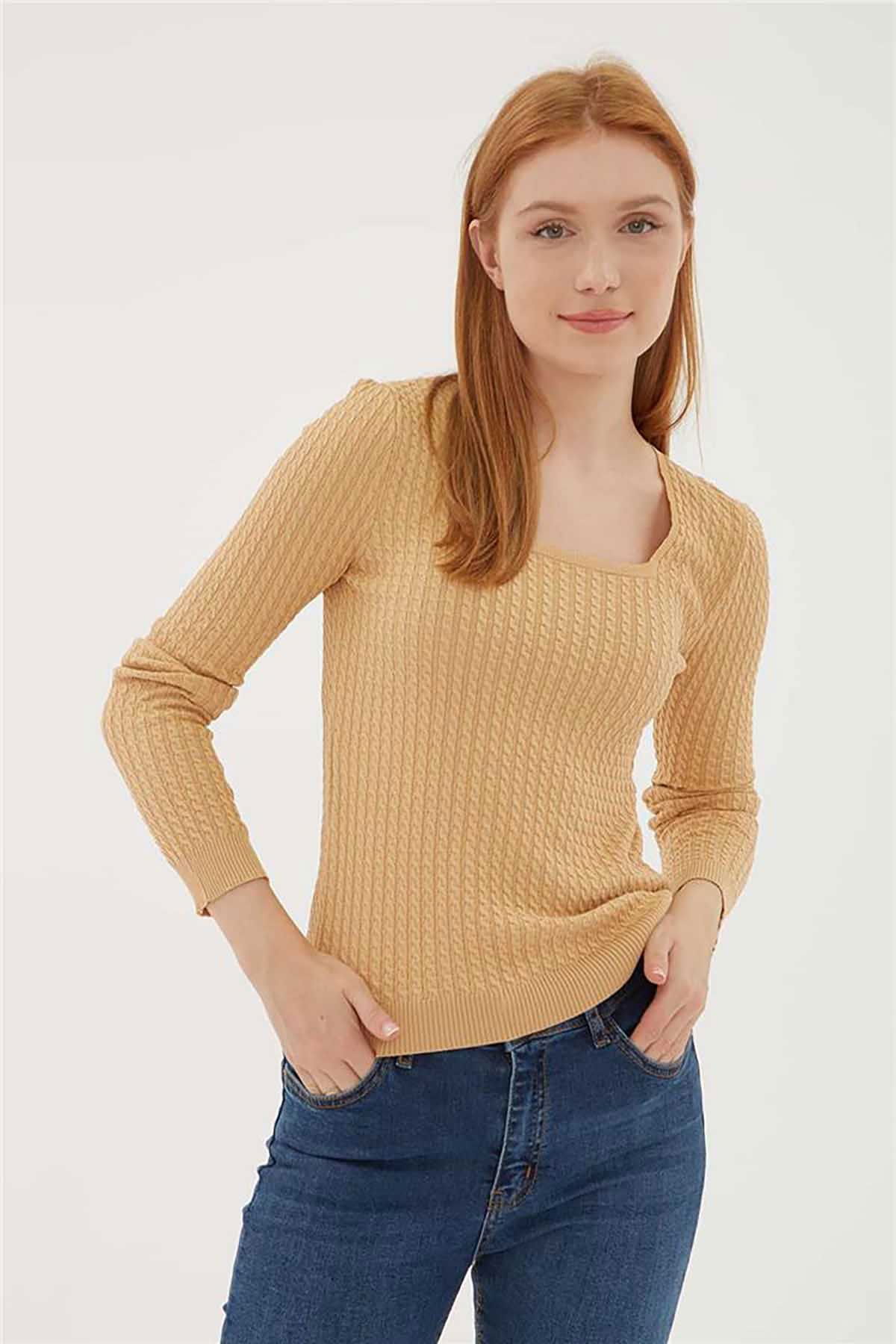 Fashion Friends Kadın Kare Yaka Saç Örgülü Kazak 23K0405K1 Camel - 4