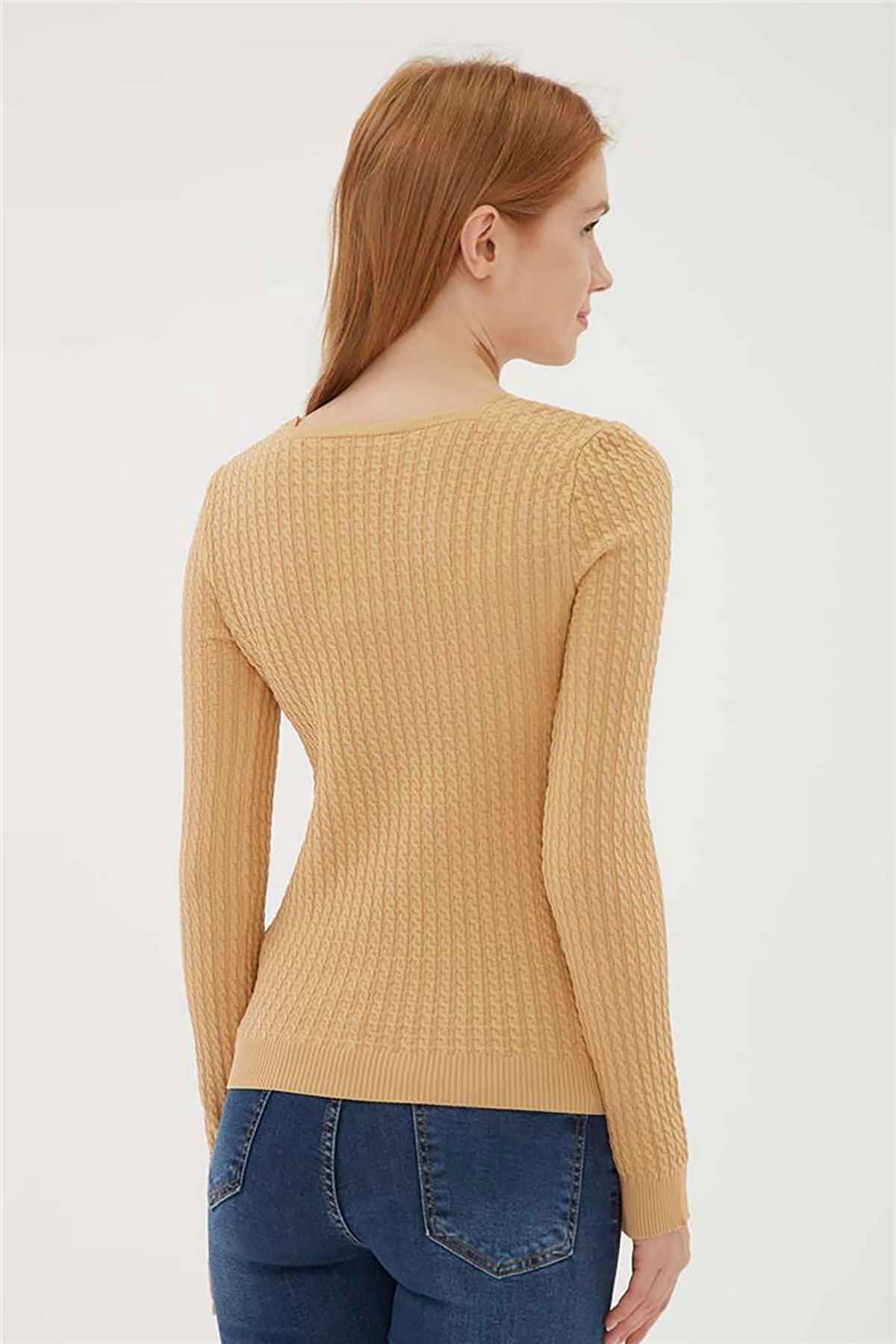 Fashion Friends Kadın Kare Yaka Saç Örgülü Kazak 23K0405K1 Camel - 5