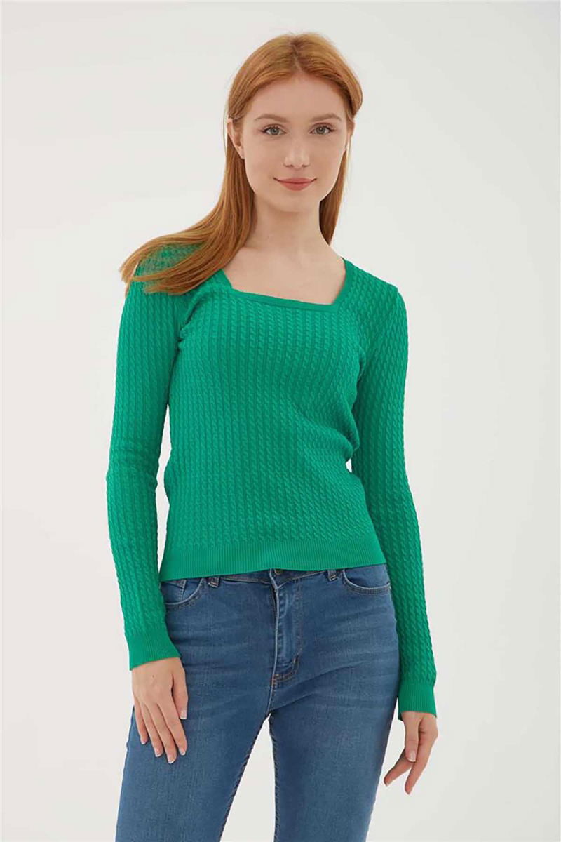 Fashion Friends Kadın Kare Yaka Saç Örgülü Kazak 23K0405K1 Yeşil - Fashion Friends