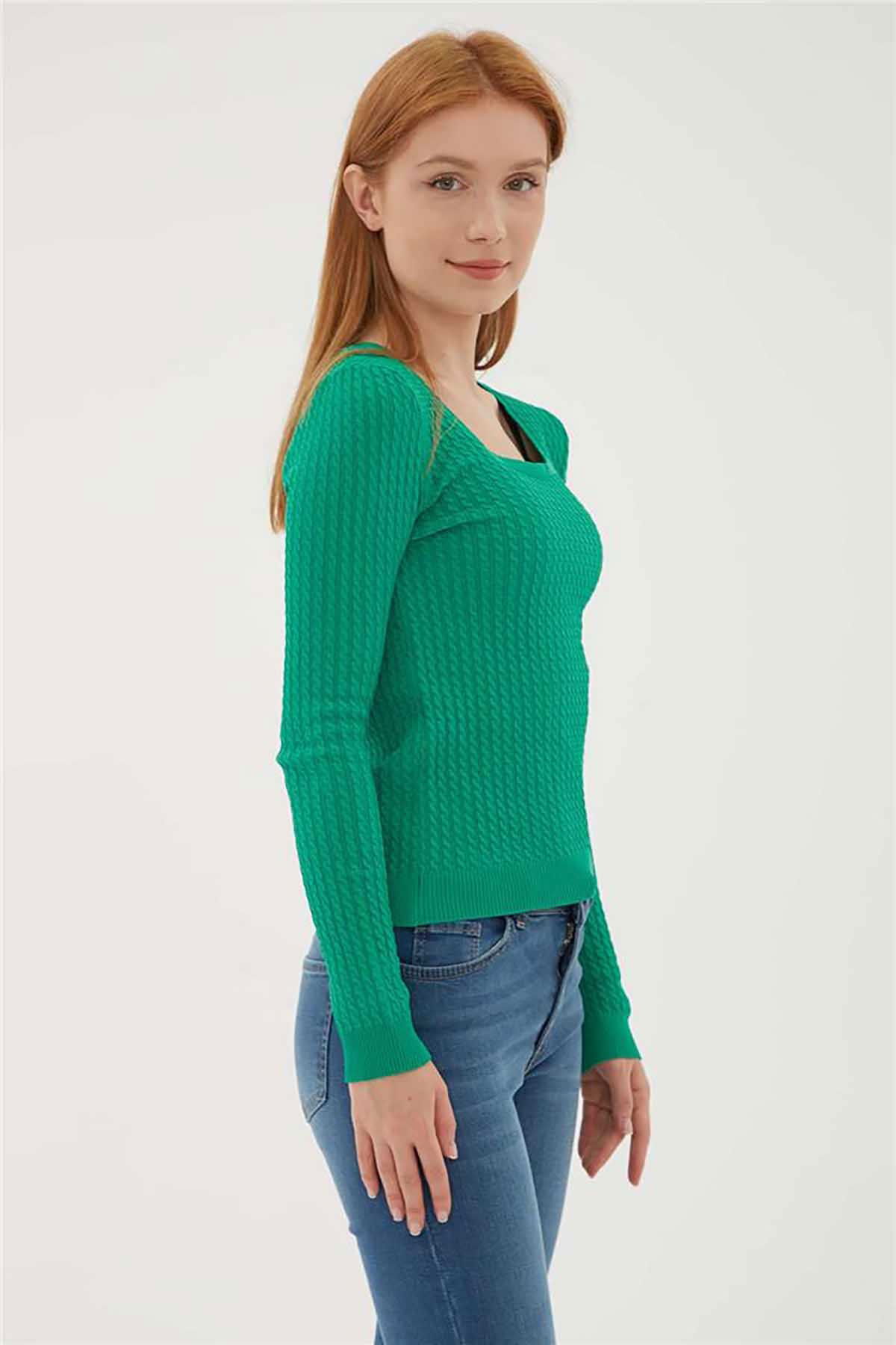 Fashion Friends Kadın Kare Yaka Saç Örgülü Kazak 23K0405K1 Yeşil - 2