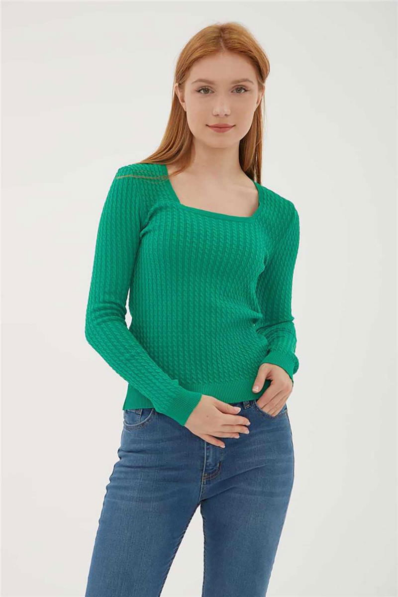 Fashion Friends Kadın Kare Yaka Saç Örgülü Kazak 23K0405K1 Yeşil - 3