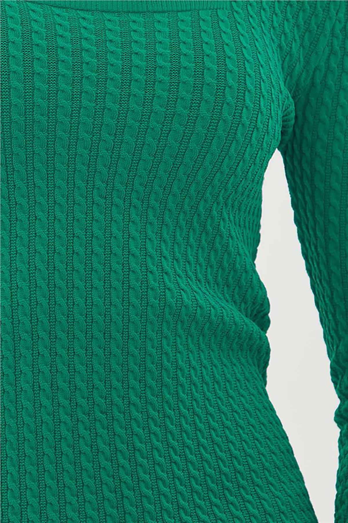 Fashion Friends Kadın Kare Yaka Saç Örgülü Kazak 23K0405K1 Yeşil - 4