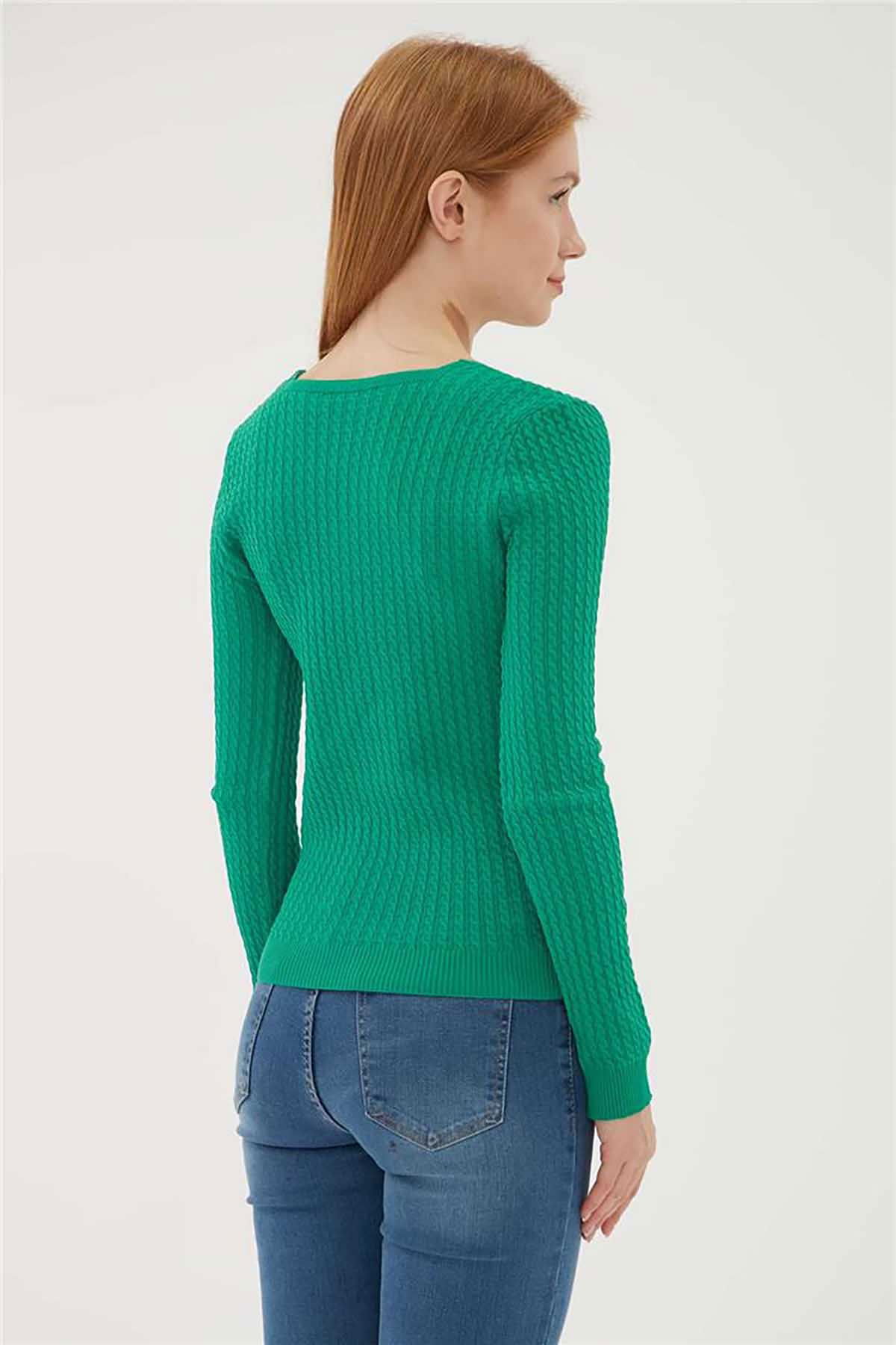 Fashion Friends Kadın Kare Yaka Saç Örgülü Kazak 23K0405K1 Yeşil - 5