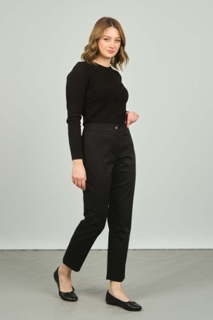 Fised Kadın Düğme Detaylı Pamuklu Pantolon 1000 Siyah - 2