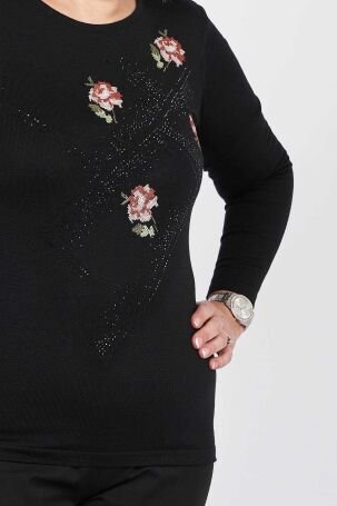 Flaş Triko Kadın Çiçek Nakışlı Taş İşlemeli Bluz 3320815 Siyah - 5