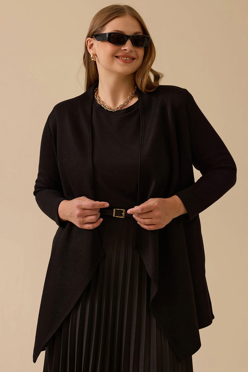 Galaxi Kadın Büyük Beden Asimetrik Kesim Triko Hırka 4004 Siyah - 2