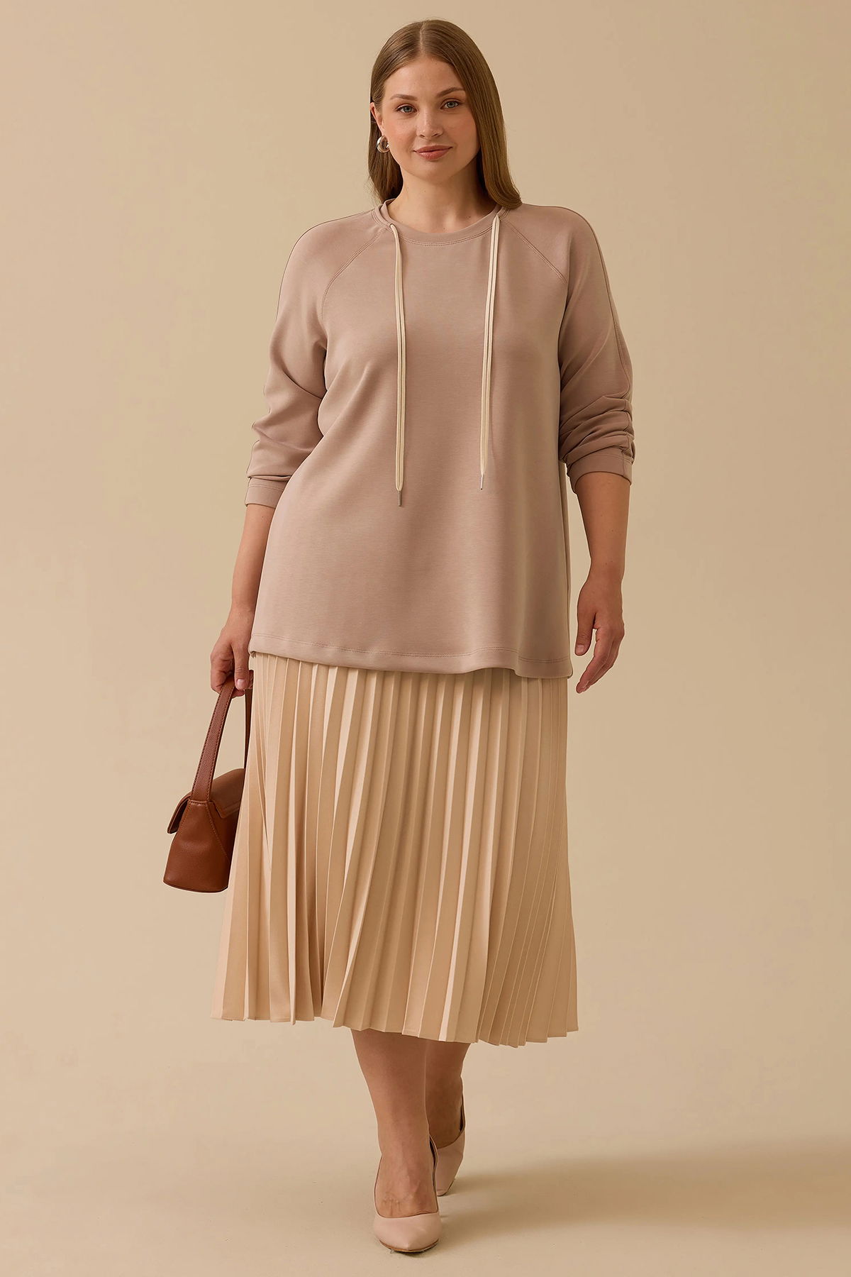 Galaxi Kadın Büyük Beden Bağcıklı Basic Sweatshirt 4002 Camel - 1