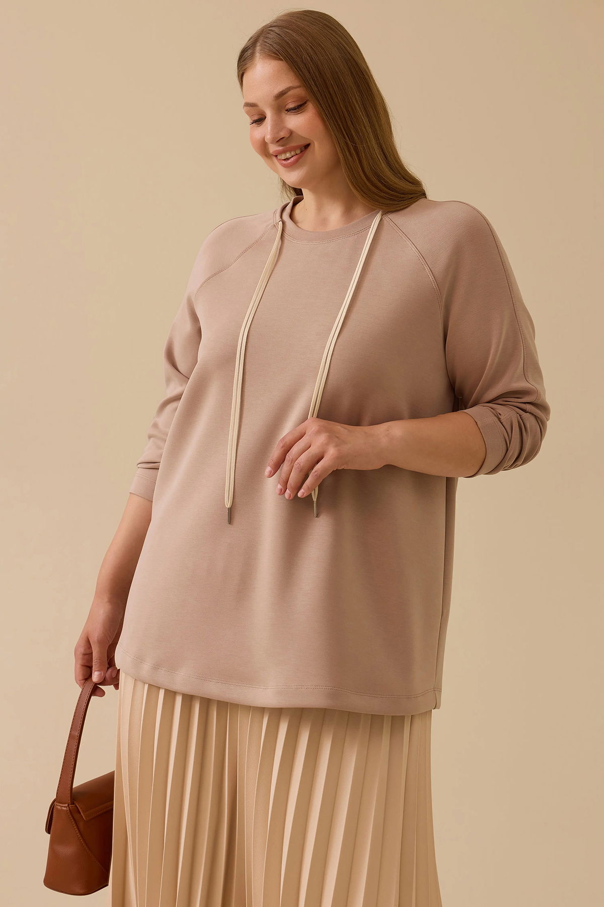 Galaxi Kadın Büyük Beden Bağcıklı Basic Sweatshirt 4002 Camel - 2