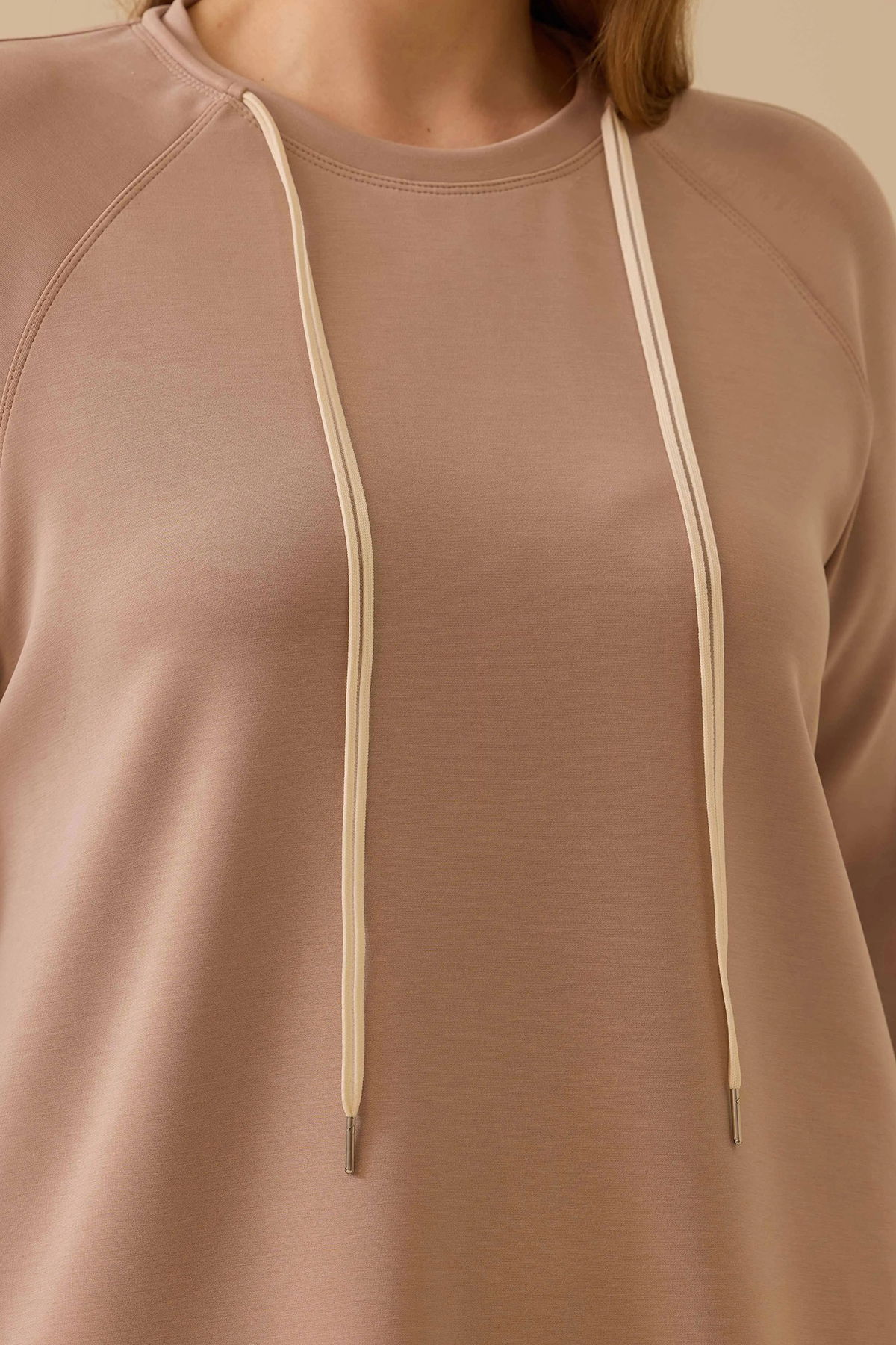 Galaxi Kadın Büyük Beden Bağcıklı Basic Sweatshirt 4002 Camel - 3