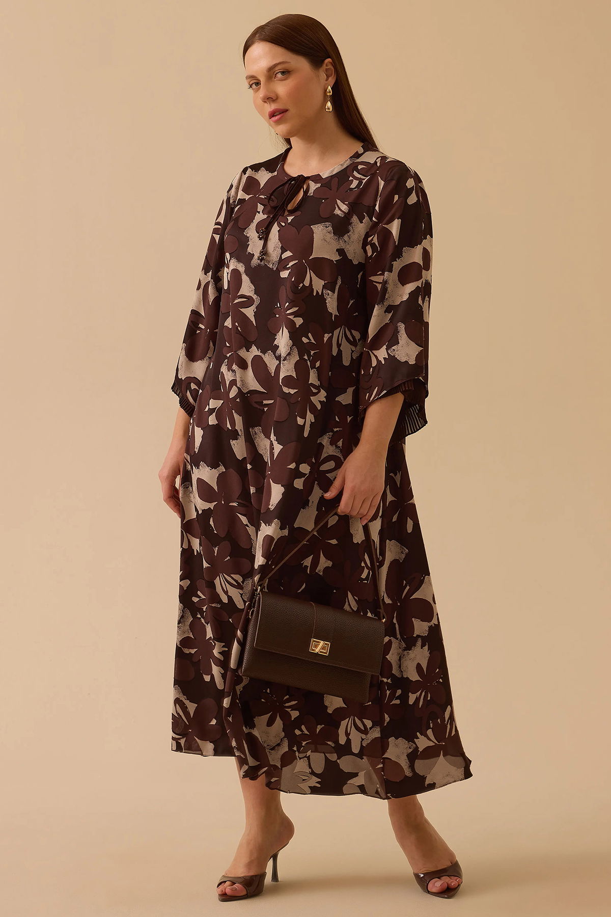 Galaxi Kadın Büyük Beden Bağlama Detaylı Uzun Elbise 4012 Kahverengi - 1