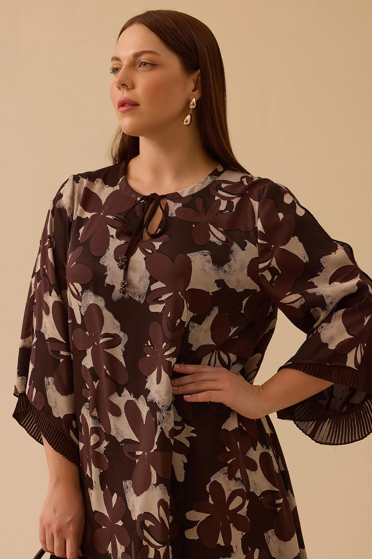 Galaxi Kadın Büyük Beden Bağlama Detaylı Uzun Elbise 4012 Kahverengi - 2