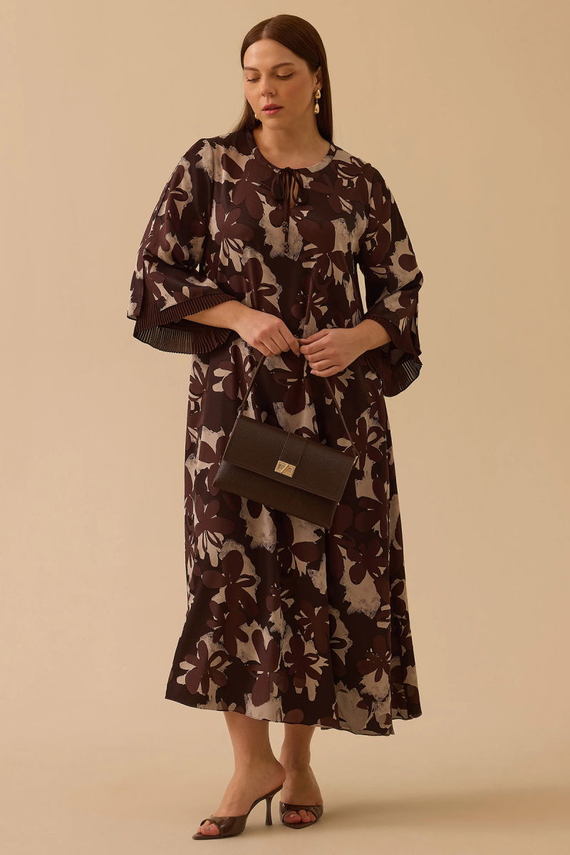 Galaxi Kadın Büyük Beden Bağlama Detaylı Uzun Elbise 4012 Kahverengi - 3