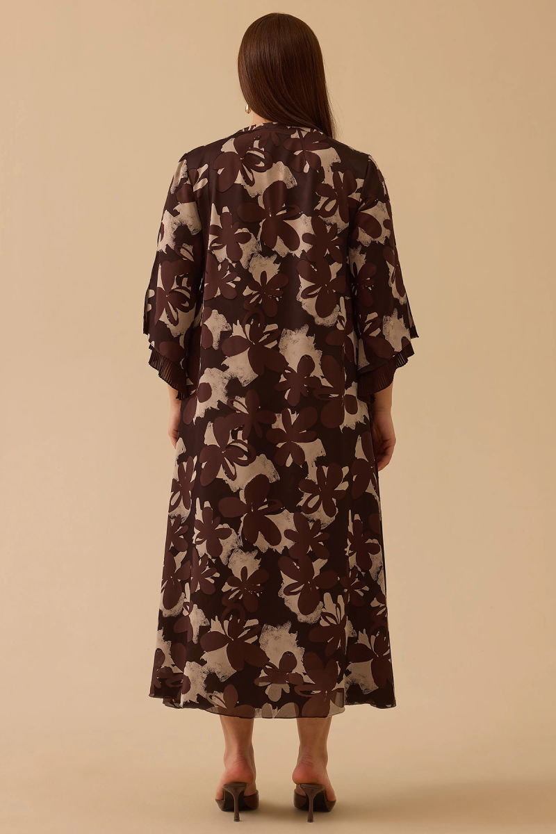 Galaxi Kadın Büyük Beden Bağlama Detaylı Uzun Elbise 4012 Kahverengi - 4