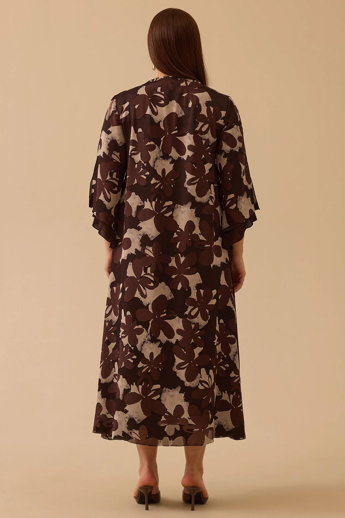 Galaxi Kadın Büyük Beden Bağlama Detaylı Uzun Elbise 4012 Kahverengi - 4