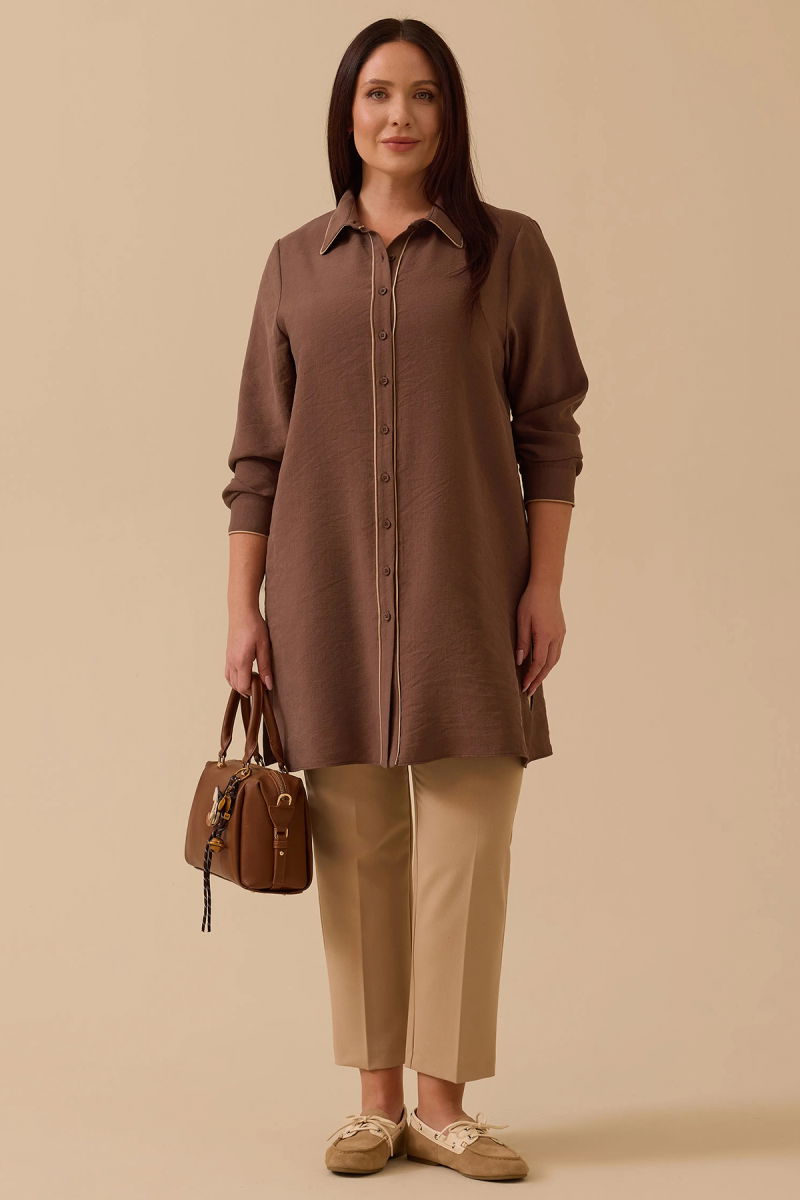 Galaxi Kadın Büyük Beden Biyeli Basic Tunik 4015 Kahverengi - Galaxi