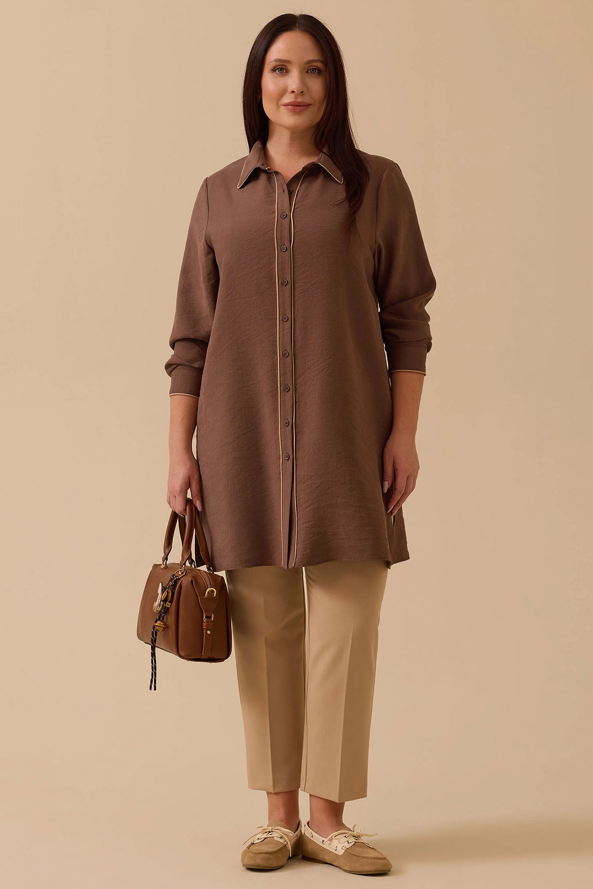 Galaxi Kadın Büyük Beden Biyeli Basic Tunik 4015 Kahverengi - 1