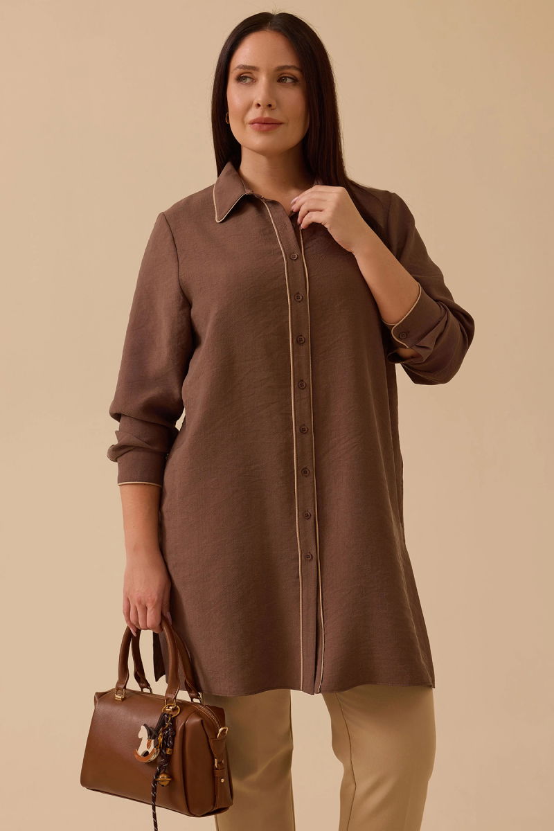 Galaxi Kadın Büyük Beden Biyeli Basic Tunik 4015 Kahverengi - 2