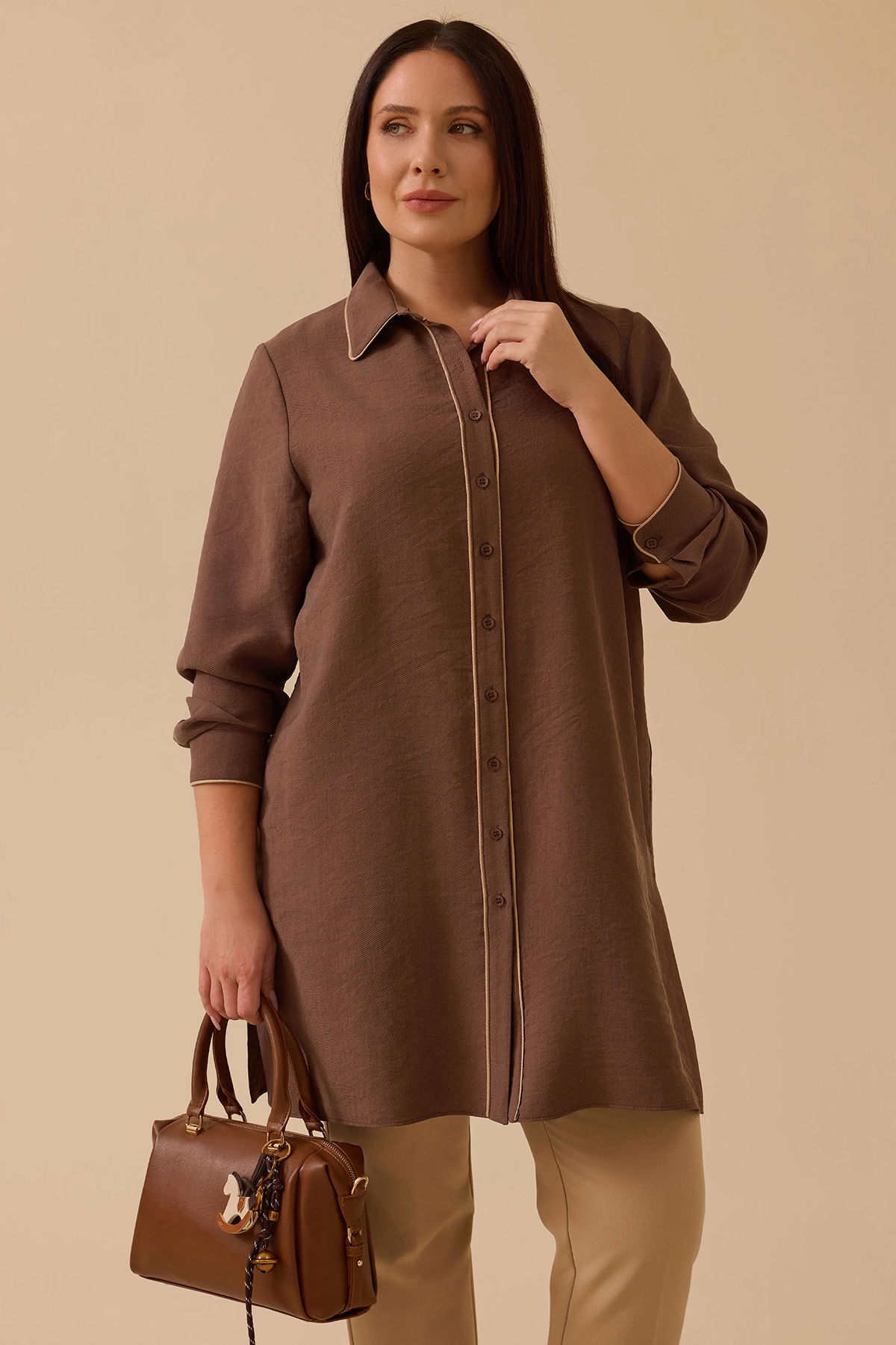 Galaxi Kadın Büyük Beden Biyeli Basic Tunik 4015 Kahverengi - 2