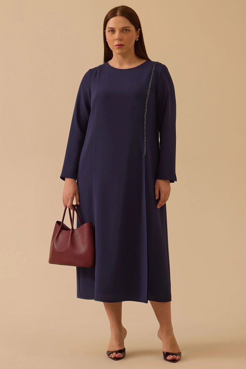 Galaxi Kadın Büyük Beden Boncuk Detaylı Midi Elbise 4002 Lacivert - Galaxi