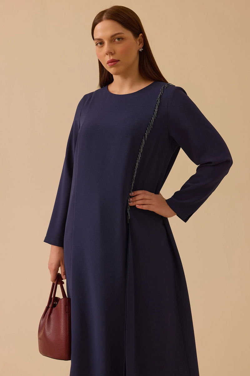 Galaxi Kadın Büyük Beden Boncuk Detaylı Midi Elbise 4002 Lacivert - 2