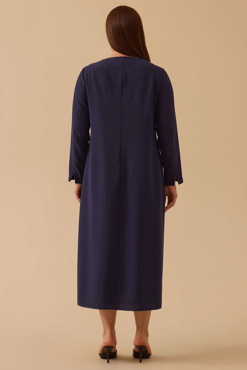Galaxi Kadın Büyük Beden Boncuk Detaylı Midi Elbise 4002 Lacivert - 4