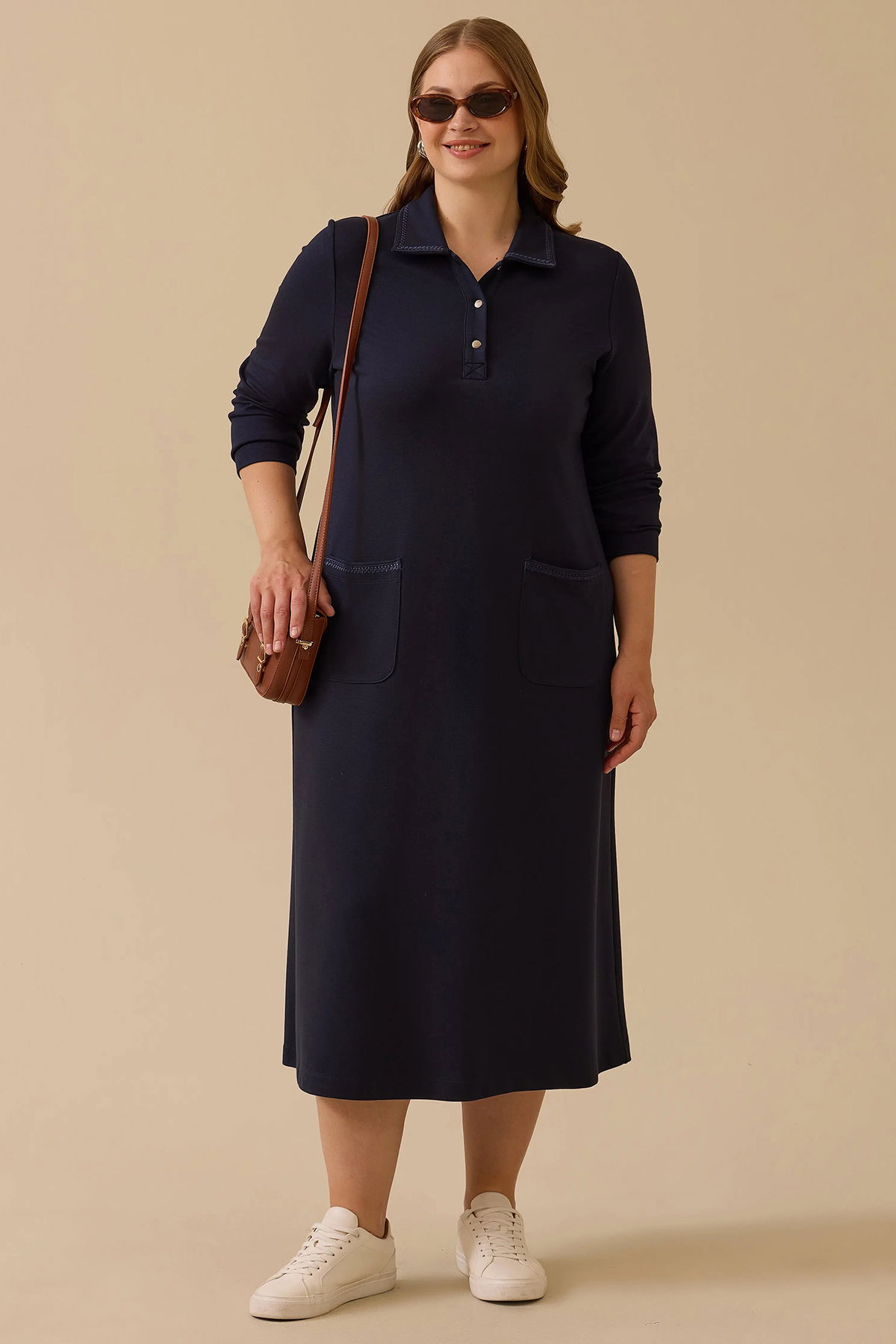 Galaxi Kadın Büyük Beden Cep Detaylı Elbise 4008 Lacivert - 1