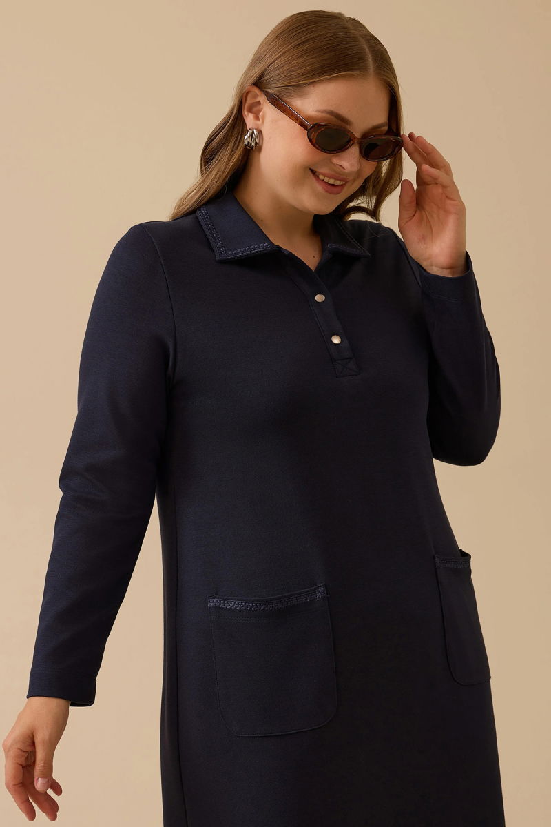 Galaxi Kadın Büyük Beden Cep Detaylı Elbise 4008 Lacivert - 2