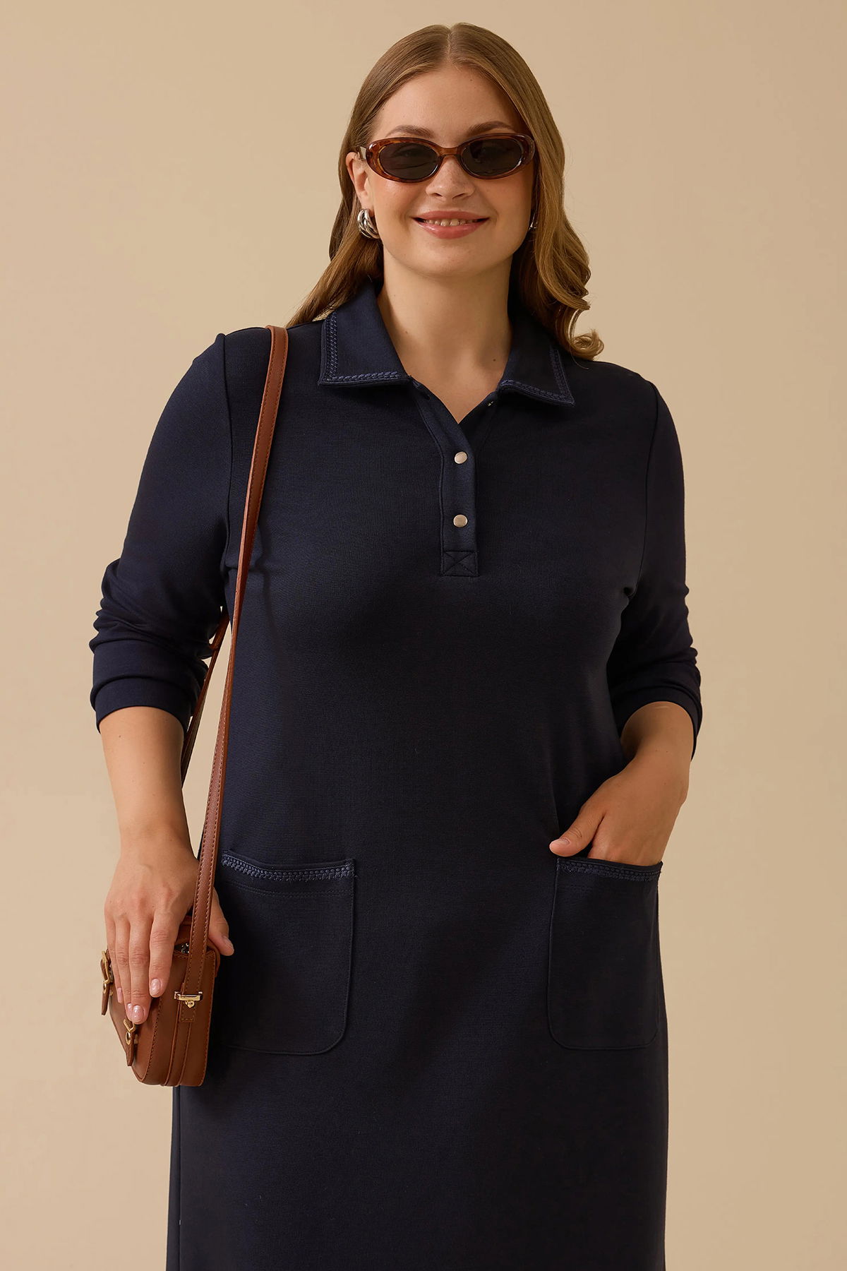 Galaxi Kadın Büyük Beden Cep Detaylı Elbise 4008 Lacivert - 3