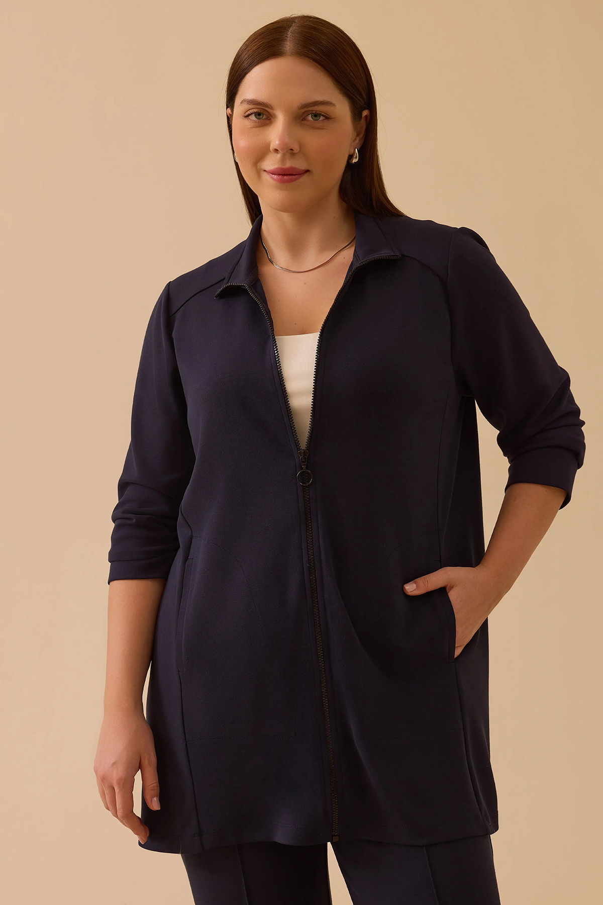 Galaxi Kadın Büyük Beden Cep Detaylı Fermuarlı Kap 4002 Lacivert - 1