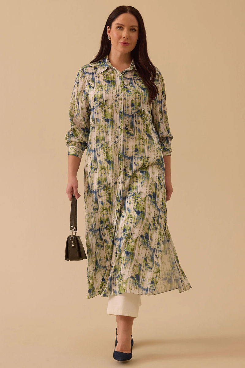 Galaxi Kadın Büyük Beden Çiçek Desenli Uzun Tunik 4013 Yeşil - Galaxi