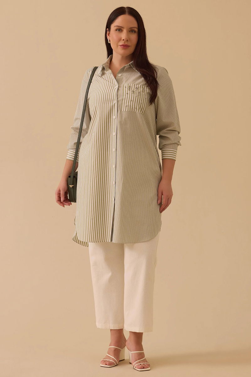 Galaxi Kadın Büyük Beden Çizgili Cep Detaylı Tunik 4014 Yeşil - Galaxi